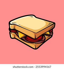 ham sandwich isolated colored drawing line art style sketch classic vintage design illustration