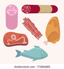 Ham, sausage, fish, meat, chicken, bacon. Vector flat illustration.