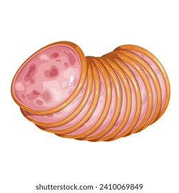 Ham sausage slices vector illustration. Cartoon isolated top view of sliced mortadella in pile, delicatessen boiled ham in thin circles with fat texture for gourmet breakfast sandwich, appetizer