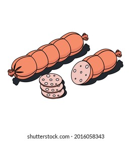 Ham sausage slicing. Vector 3d sketch line isometric, color icon illustration, flat style. Creative design idea and elements for infographics and website.