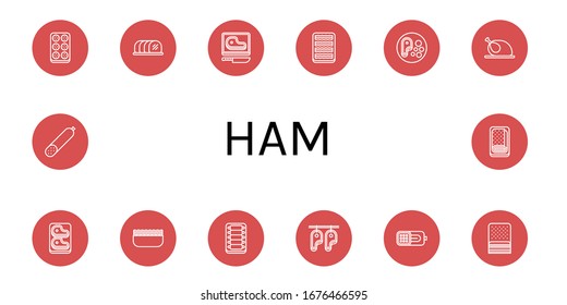 ham simple icons set. Contains such icons as Meatball, Tenderloin, Steak, Bacon, Chicken, Minced meat, Ribs, Ham, Smoked sausage, Meatloaf, can be used for web, mobile and logo