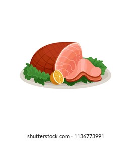 Ham With Sliced, Half Of Lemon And Green Lettuce Leaves Of Ceramic Plate. Delicious Smoked Meat. Dish For Holiday Dinner. Flat Vector Icon