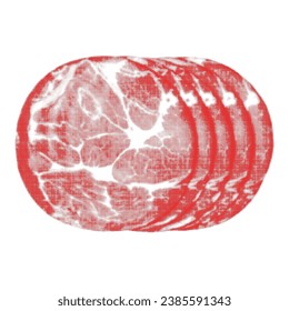 Ham, sliced into round pieces, isolated, from circle dots of different sizes on white background