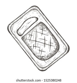 Ham sliced on cutting board from bird eye view, hand drawn vector illustration, dinner isolated design element.