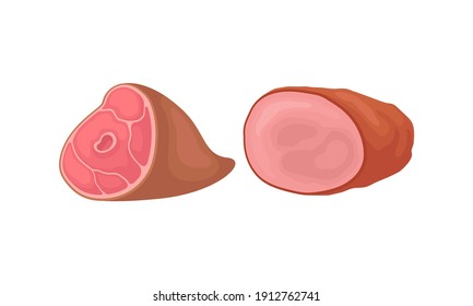 Ham and Smoked Beef Slab as Meat Product for Cooking and Eating Vector Set