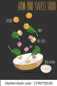 Ensalada de verano suiza y jamón. Ilustración del vector