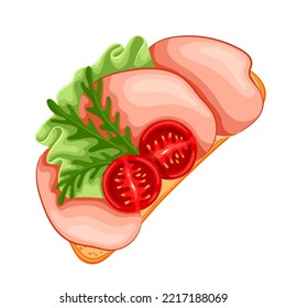 Ham toast vector illustration. Cartoon isolated breakfast food, slice of bread or baguette with sliced smoked meat, tomato and lettuce leaf, top view of sandwich with vegetable and prosciutto