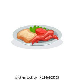 Ham, tomato, bread and butter on a plate, traditional English breakfast vector Illustration on a white background