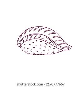 Hamachi sushi outline. Japanese traditional food icon. Isolated hand drawn seafood vector illustration.