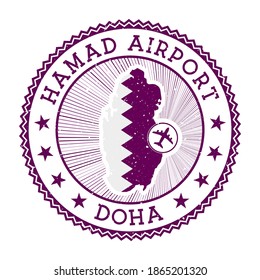 Hamad Airport Doha stamp. Airport logo vector illustration. Doha aeroport with country flag.