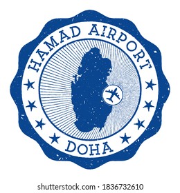 Hamad Airport Doha stamp. Airport of Doha round logo with location on Qatar map marked by airplane. Vector illustration.