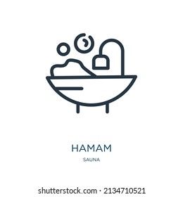 hamam thin line icon. woman, turkish bath linear icons from sauna concept isolated outline sign. Vector illustration symbol element for web design and apps.