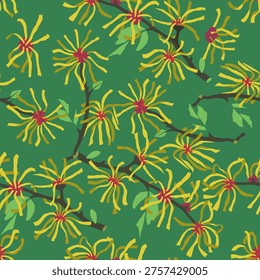 Hamamelis Tree Branches seamless pattern. Witch Hazel background illustration