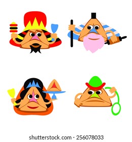 Haman Ears cookie in costumes as characters of Mordecai, Esther, Ahasuerus, King of Persia, and Haman. Hamantashen - Jewish festive food for Purim holiday. Vector illustration. Isolated.Eps 10.