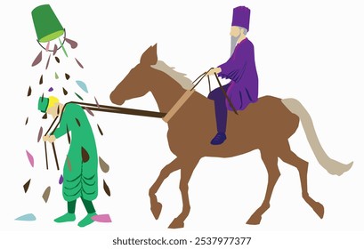 Haman leads Mordecai the Jew on the horse. A painting of a scene from the Book of Esther of the Jewish holiday of Purim. A bucket of garbage was poured on the minister's head. Artistic vector 