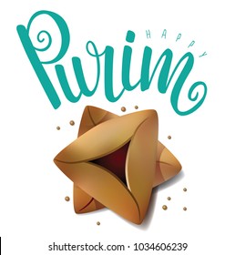 Hamantaschen cookies forming the Star of David. With hand drawn type wishing you a happy Purim. Traditional treats for the Jewish festival of Purim. EPS10 vector illustration.