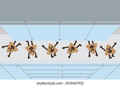 Hamantaschen - Haman ears - special cookies that Jews make and eat on Purim, dance on the counter.
Vector drawing of a kitchen in shades of light blue seen from above.