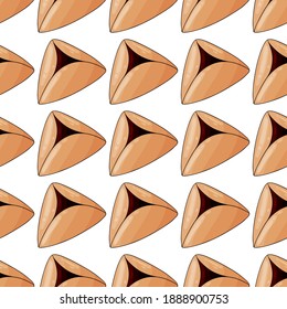 Hamantaschen pattern. Happy Purim Jewish Holiday print. Traditional jewish purim eating. Oznei Haman, hamantaschen cookies background. Israel culture, sweets, delicious  triangle cake.