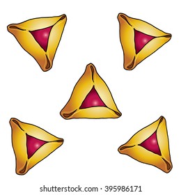 Hamantash is a filled-pocket cookie or pastry recognizable for its triangular shape, usually associated with the Jewish holiday of Purim. Isolated on white background, vector illustration.