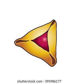 A hamantash is a filled-pocket cookie or pastry recognizable for its triangular shape, usually associated with the Jewish holiday of Purim. Isolated on white background, vector illustration.