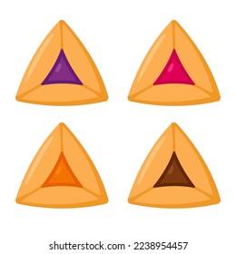 Hamantashen, traditional pastry for Jewish holiday Purim. Cartoon icon set of Hamantash with different fillings. Vector clip art illustration.