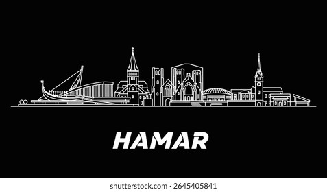 Hamar with Norway Skyline White vector outline.