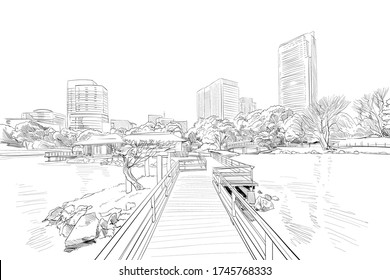 Hamarikyu Park. Tokyo, Japan. Hand drawn sketch.  Vector illustration.