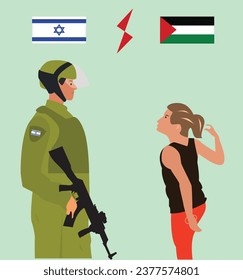 Hamas Palestine Israel war vector illustration. Palestine brave girl.