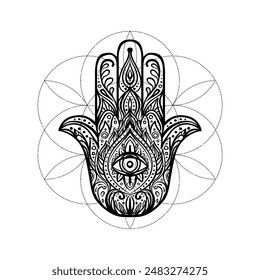 Hamasa tattoo design over Seed of Life sacred geometry symbol. Ancient Eye of Fatima spiritual symbol.Black and white vector illustration.