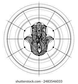 Hamasa tattoo design over Seed of Life sacred geometry symbol. Ancient Eye of Fatima spiritual symbol.Black and white vector illustration.