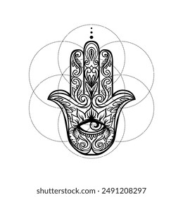 Hamasa tattoo design over Seed of Life sacred geometry symbol. Ancient Eye of Fatima spiritual symbol.Black and white vector illustration.