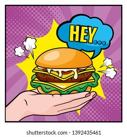 hambuerger in the woman hand with hey chat bubble message