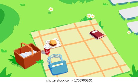 fondo de césped exterior del picnic de la cesta del libro de la bolsa de hambuger