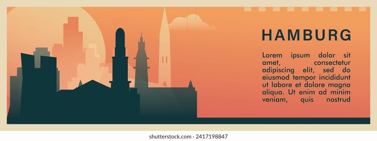 Hamburg city brutalism vector banner with skyline, cityscape. Germany town retro horizontal illustration, travel layout for web presentation, header, footer