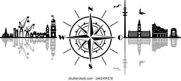 Hamburg City Compass Vector Silhouette Skyline Outline