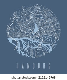 Hamburg city map circle poster. Round circular road aerial view, street map vector illustration. Cityscape area panorama with water.