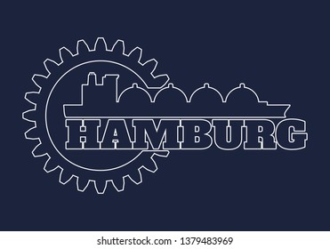 Hamburg city name in gear and sea ship silhouette.