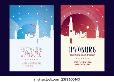 Hamburg city poster with Christmas skyline, cityscape, landmarks. Winter Germany town holiday, New Year vertical vector layout for brochure, website, flyer, leaflet, card