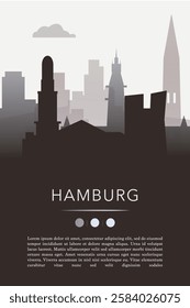 Hamburg city template for website, presentation, front page, invitation, publication sheet with skyline, landmarks. Vector Germany image layout, simple and grayscale