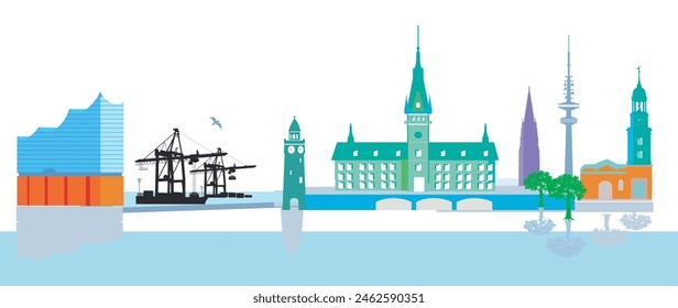 Hamburg city view with harbor illustration