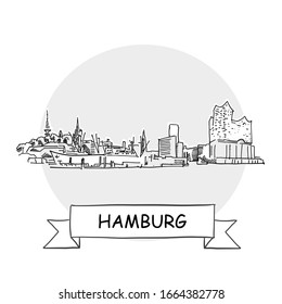 Hamburg Cityscape Vector Sign. Line Art Illustration with Ribbon and Title.