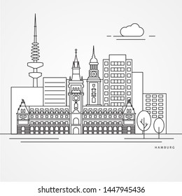 Hamburg detailed silhouette. Trendy vector illustration, flat style. Stylish  landmarks. City Hall the symbol og Hamburg Germany.