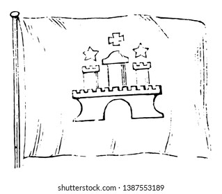 Hamburg Flag, this flag shows a white castle with three towers at center, vintage line drawing or engraving illustration 
