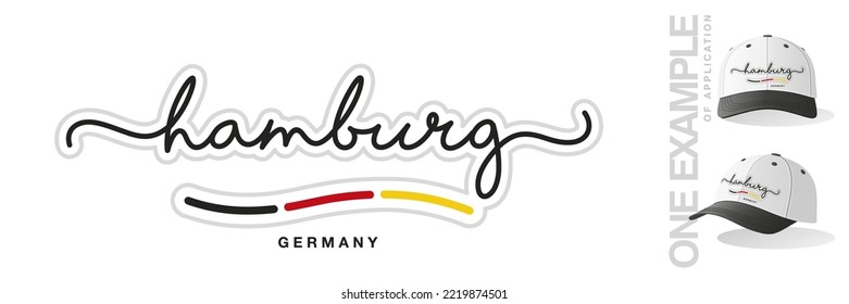 Hamburg Germany, abstract Germany flag ribbon, new modern handwritten typography calligraphic logo icon with example of application
