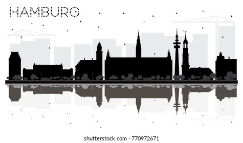 Hamburg Germany City skyline black and white silhouette with Reflections. Vector illustration. Business travel concept. Hamburg Cityscape with landmarks.