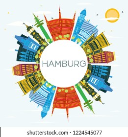 Hamburg Germany City Skyline with Color Buildings, Blue Sky and Copy Space. Vector Illustration. Business Travel and Tourism Concept with Historic Architecture. Hamburg Cityscape with Landmarks.