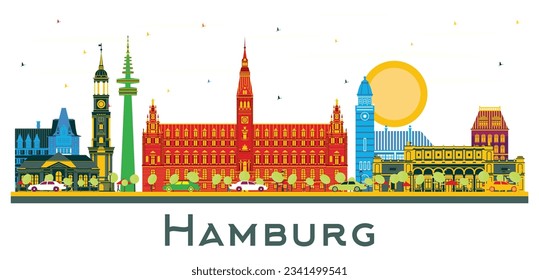 Hamburg Germany city Skyline with Color Buildings isolated on white. Vector Illustration. Business Travel and Tourism Concept with Historic Architecture. Hamburg Cityscape with Landmarks.