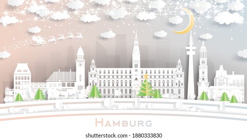 Hamburg Germany City Skyline in Paper Cut Style with Snowflakes, Moon and Neon Garland. Vector Illustration. Christmas and New Year Concept. Santa Claus on Sleigh.