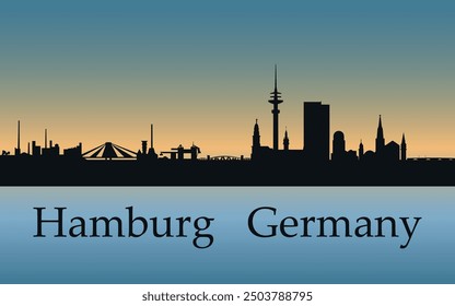 Hamburg. Germany. The city skyline. Silhouettes of buildings. The sunset of the day. Vector on a blue background