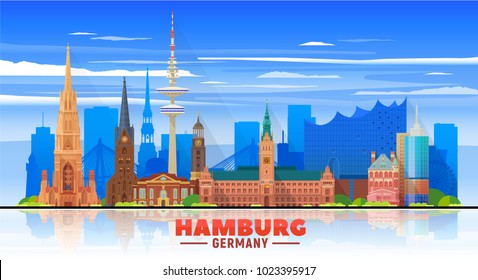 Hamburg Germany city skyline vector illustration on white background. Business travel and tourism concept with modern buildings. Image for presentation, banner, web site.